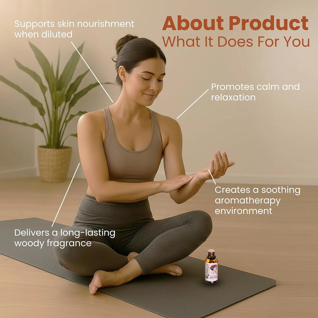 Romyco Sandalwood Essential Oil (Chandan Oil) for Puja Meditation Relaxation | Skin Care & Massage | Use in Diffuser Aromatherapy | Pure Premium Natural Undiluted