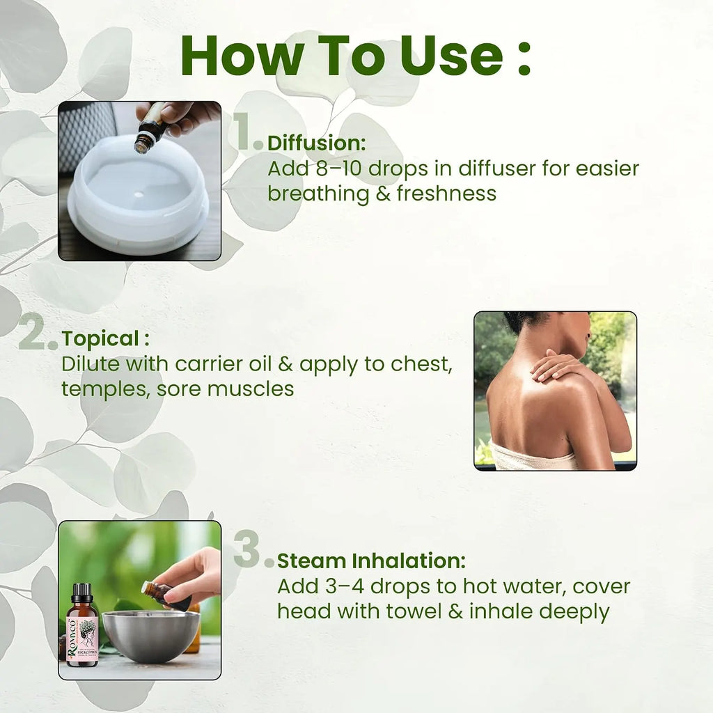 Romyco Eucalyptus Essential Oil for Skin, Hair, Steam Inhalation & Massage | Aromatherapy Diffuser Oil | Premium, Natural, Undiluted, Therapeutic Grade Visit the ROMYCO Store
