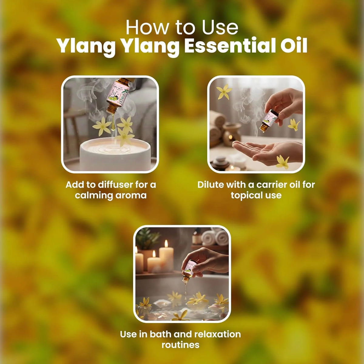Romyco Ylang Ylang Essential Oil for Strong Hair Roots & SkinCare, glowing | Emotional Balance Intimacy & Luxury Exotic Floral Aroma | Use In Diffuser | Pure Premium Natural Undliluted