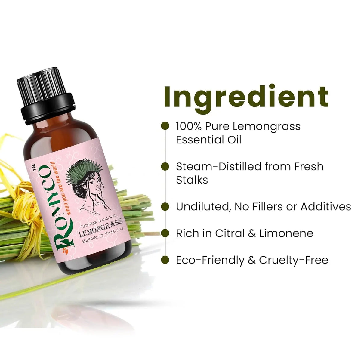 Romyco Lemongrass Essential Oil  for Nourishing Hair | Skin Face Moisturiser | Insect Repellent | Use in Diffuser | Pure Natural Premium & Undiluted