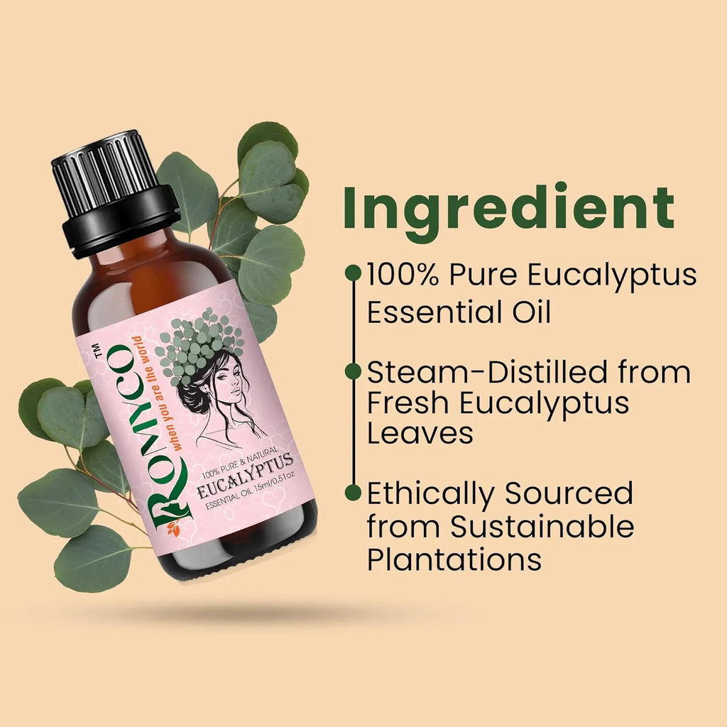 Romyco Eucalyptus Essential Oil for Skin, Hair, Steam Inhalation & Massage | Aromatherapy Diffuser Oil | Premium, Natural, Undiluted, Therapeutic Grade Visit the ROMYCO Store