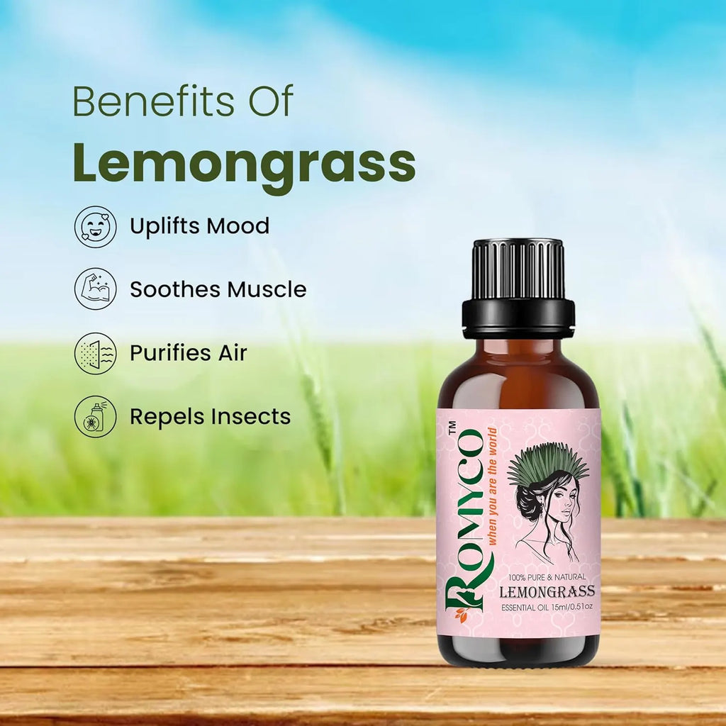 Romyco Lemongrass Essential Oil  for Nourishing Hair | Skin Face Moisturiser | Insect Repellent | Use in Diffuser | Pure Natural Premium & Undiluted