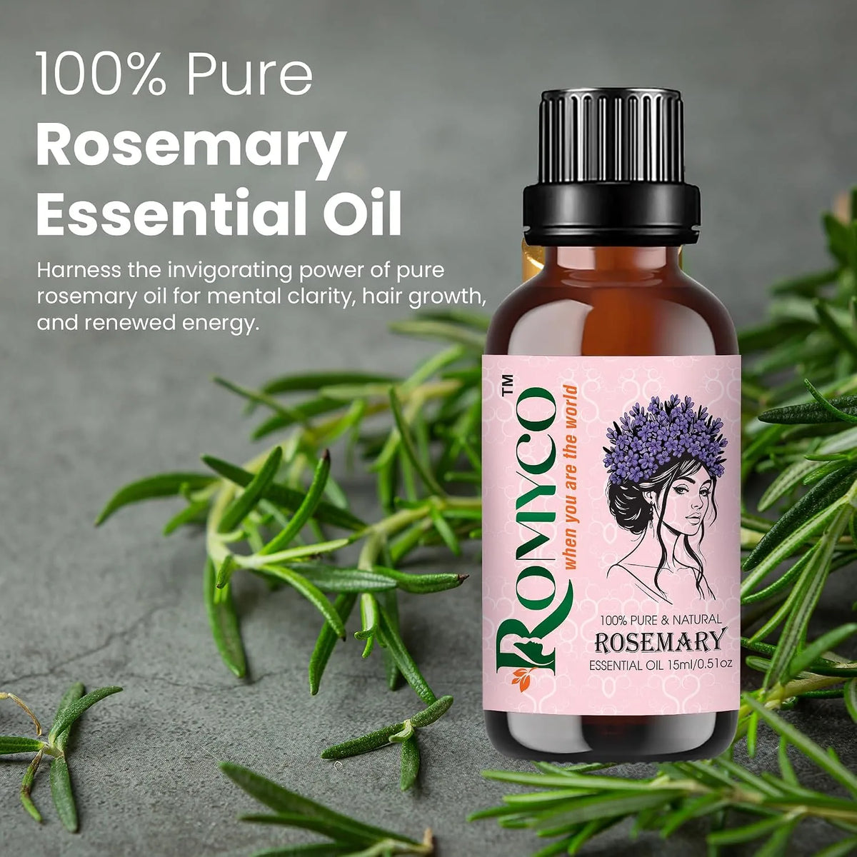 Romyco Rosemary Essential Oil for Hair Growth & Scalp Care | Skin Care | 100% Pure Natural Undiluted Steam Distilled | Therapeutic Grade | Aromatherapy Diffuser