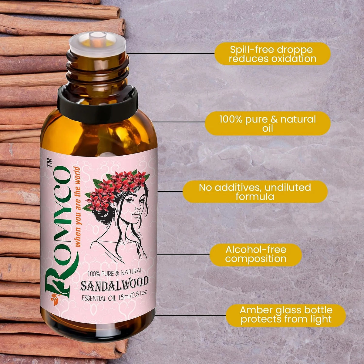 Romyco Sandalwood Essential Oil (Chandan Oil) for Puja Meditation Relaxation | Skin Care & Massage | Use in Diffuser Aromatherapy | Pure Premium Natural Undiluted