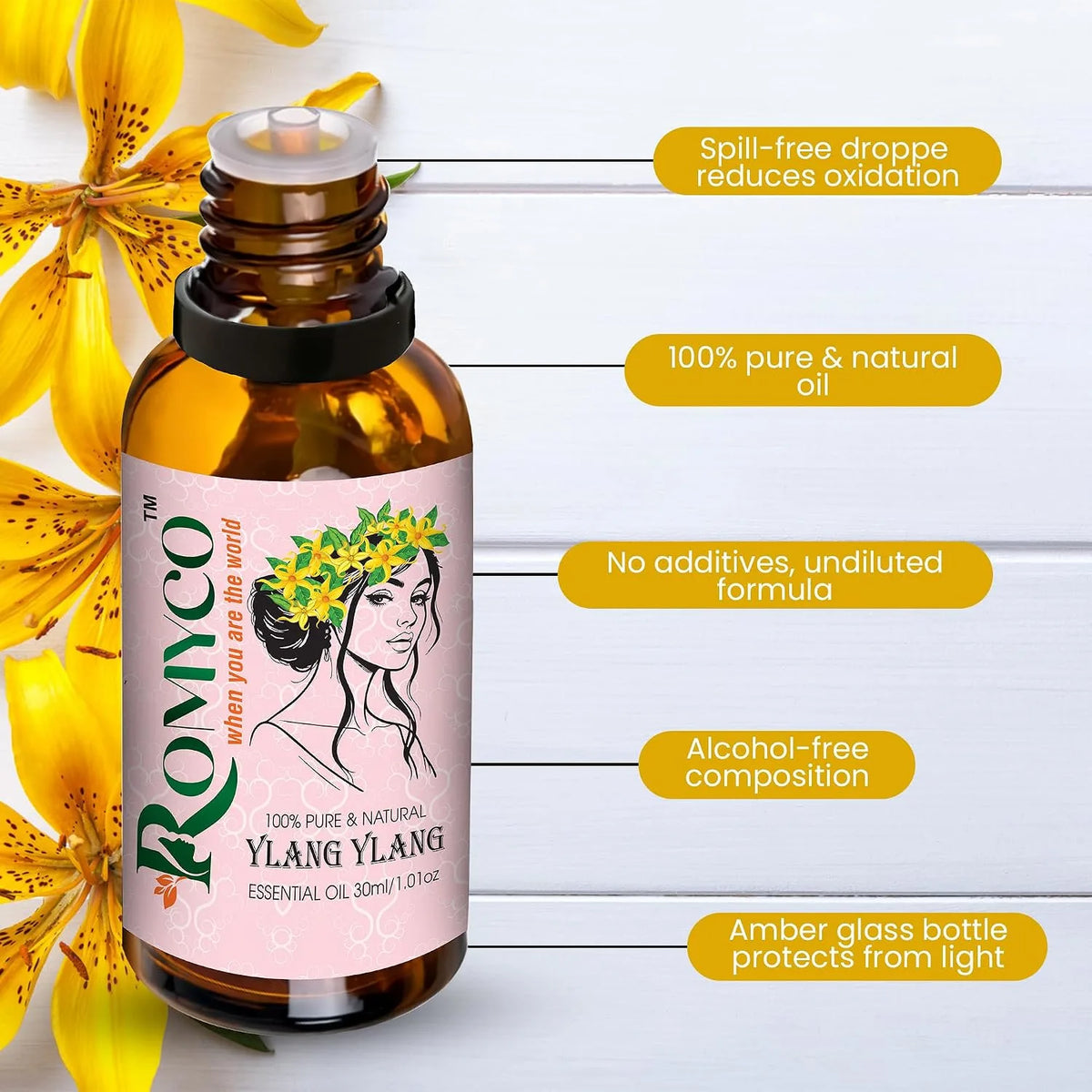 Romyco Ylang Ylang Essential Oil for Strong Hair Roots & SkinCare, glowing | Emotional Balance Intimacy & Luxury Exotic Floral Aroma | Use In Diffuser | Pure Premium Natural Undliluted