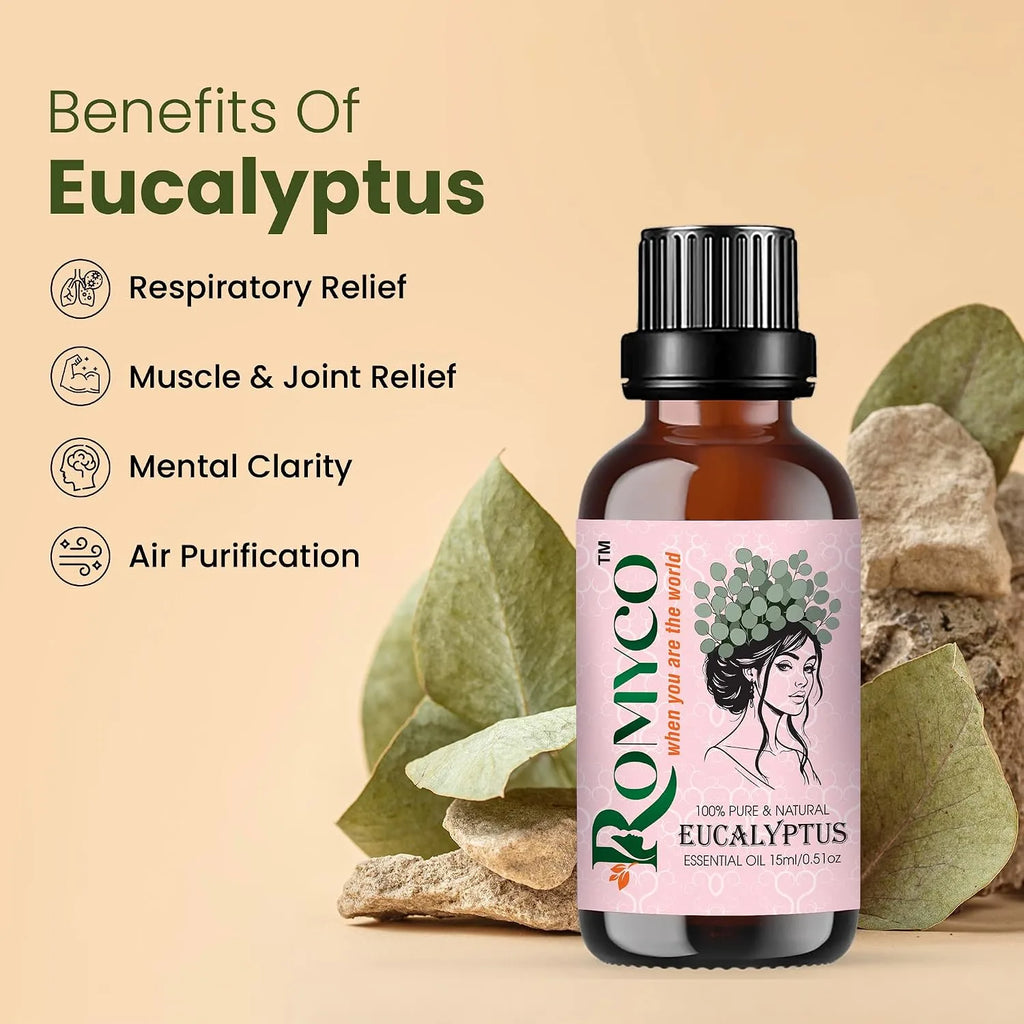 Romyco Eucalyptus Essential Oil for Skin, Hair, Steam Inhalation & Massage | Aromatherapy Diffuser Oil | Premium, Natural, Undiluted, Therapeutic Grade Visit the ROMYCO Store