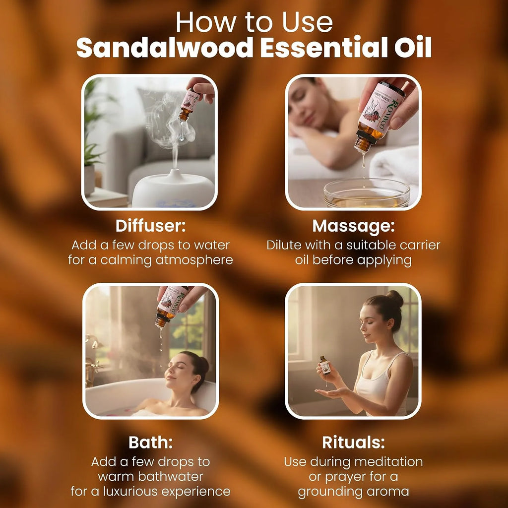 Romyco Sandalwood Essential Oil (Chandan Oil) for Puja Meditation Relaxation | Skin Care & Massage | Use in Diffuser Aromatherapy | Pure Premium Natural Undiluted