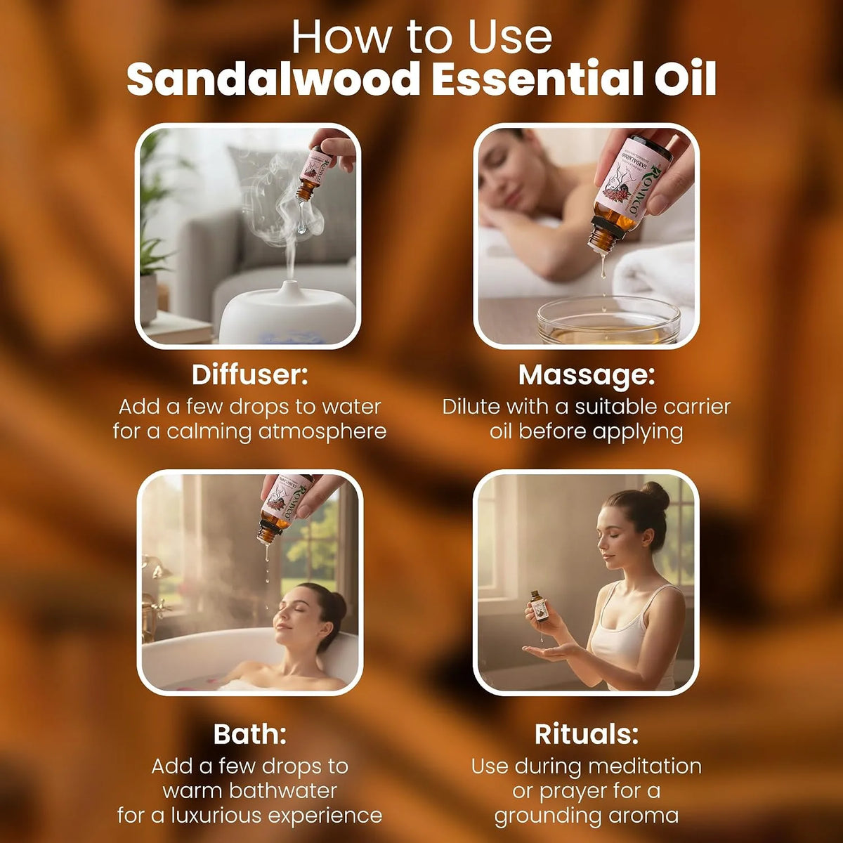Romyco Sandalwood Essential Oil (Chandan Oil) for Puja Meditation Relaxation | Skin Care & Massage | Use in Diffuser Aromatherapy | Pure Premium Natural Undiluted