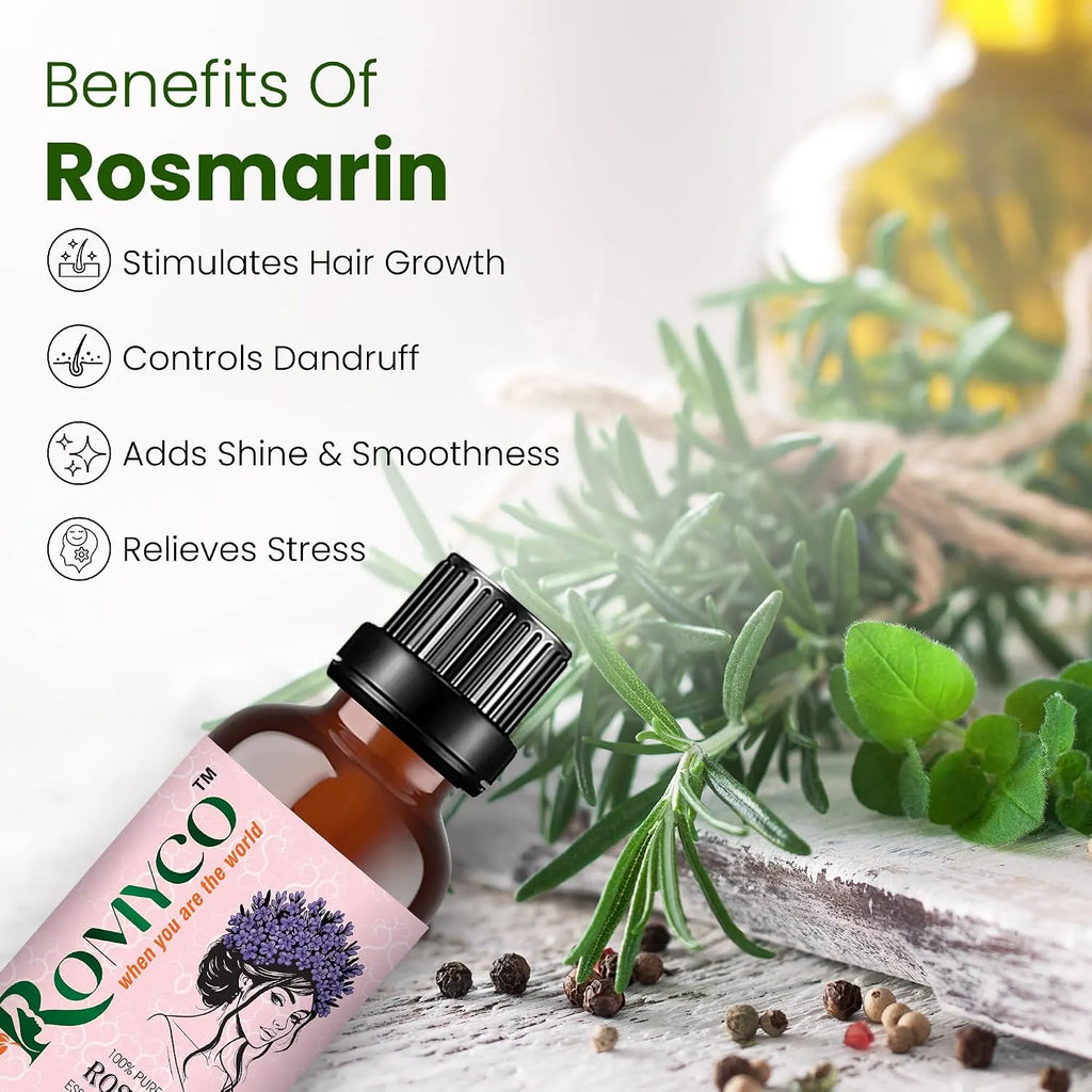 Romyco Rosemary Essential Oil for Hair Growth & Scalp Care | Skin Care | 100% Pure Natural Undiluted Steam Distilled | Therapeutic Grade | Aromatherapy Diffuser