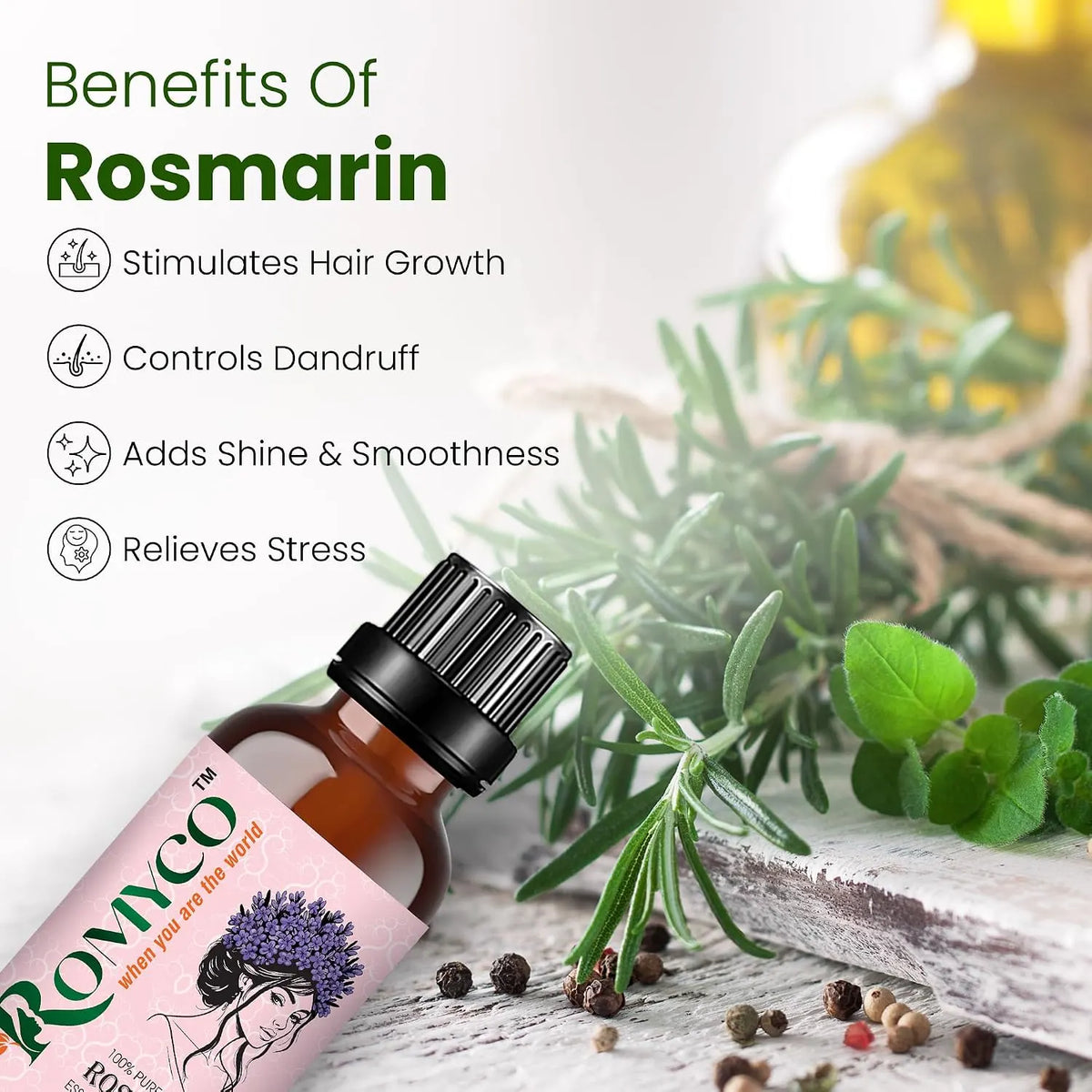 Romyco Rosemary Essential Oil for Hair Growth & Scalp Care | Skin Care | 100% Pure Natural Undiluted Steam Distilled | Therapeutic Grade | Aromatherapy Diffuser