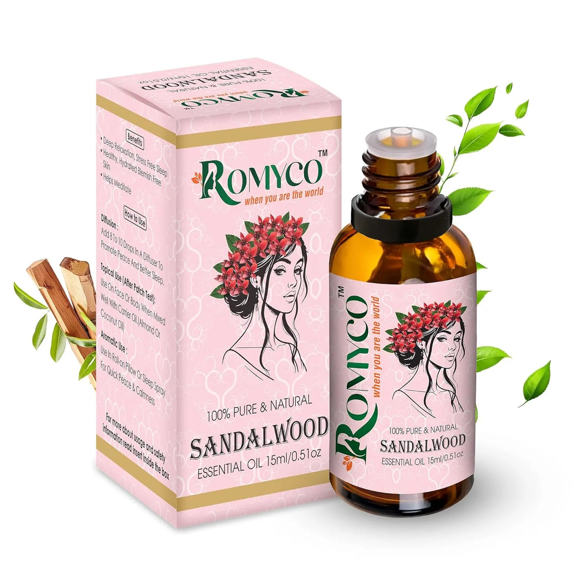 Romyco Sandalwood Essential Oil (Chandan Oil) for Puja Meditation Relaxation | Skin Care & Massage | Use in Diffuser Aromatherapy | Pure Premium Natural Undiluted