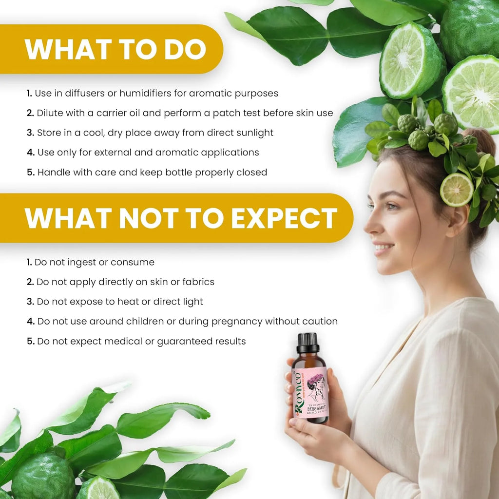 Romyco Bergamot Essential Oil ml for Stress Relief, Mood Uplift, Relaxation, Massage & Self-Care | Citrus Aromatherapy, Diffuser | Premium Natural Undiluted