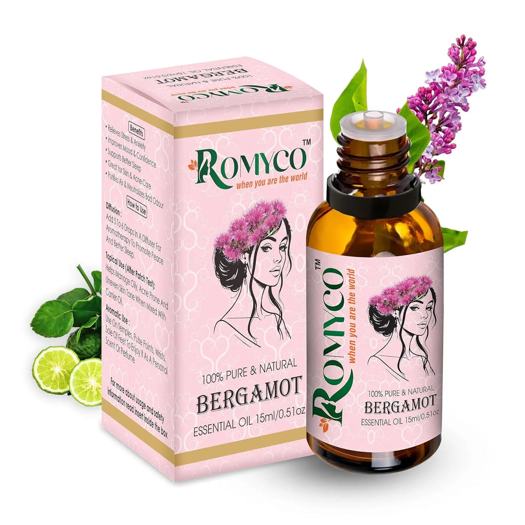 Romyco Bergamot Essential Oil ml for Stress Relief, Mood Uplift, Relaxation, Massage & Self-Care | Citrus Aromatherapy, Diffuser | Premium Natural Undiluted