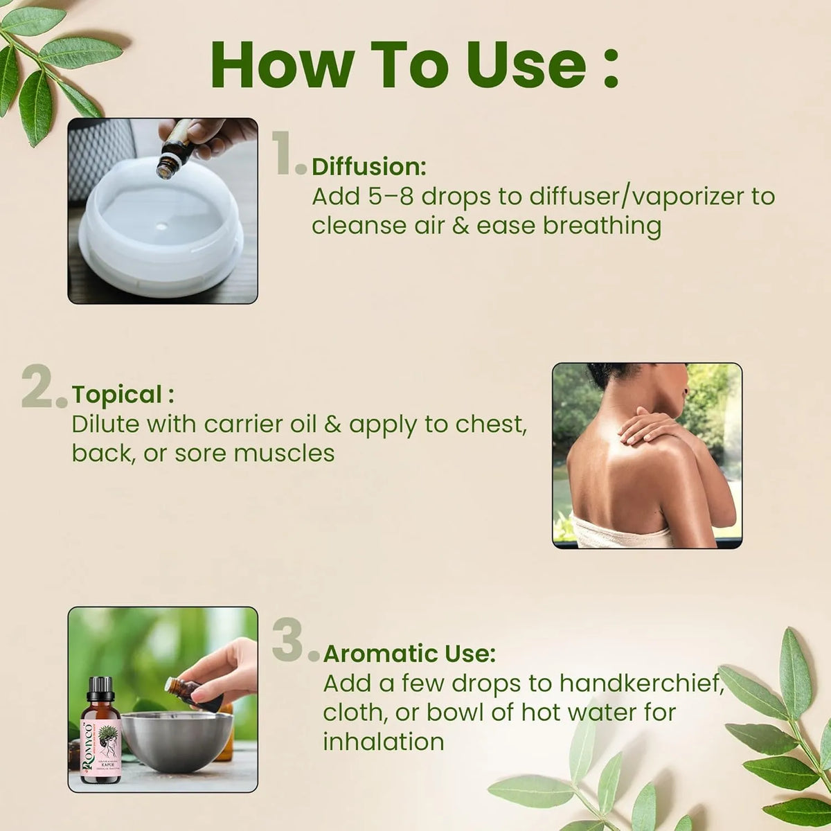 Romyco Kapur Essential Oil (Camphor) for Respiratory Relief Cough & Cold, Muscle Relaxation Pain Relief | Natural Air Freshener | Aromatherapy Diffuser | Pure Natural Premium Undiluted