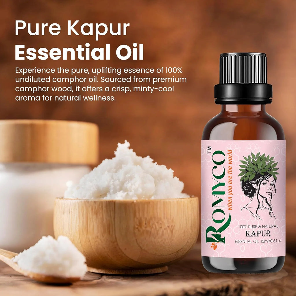 Romyco Kapur Essential Oil (Camphor) for Respiratory Relief Cough & Cold, Muscle Relaxation Pain Relief | Natural Air Freshener | Aromatherapy Diffuser | Pure Natural Premium Undiluted