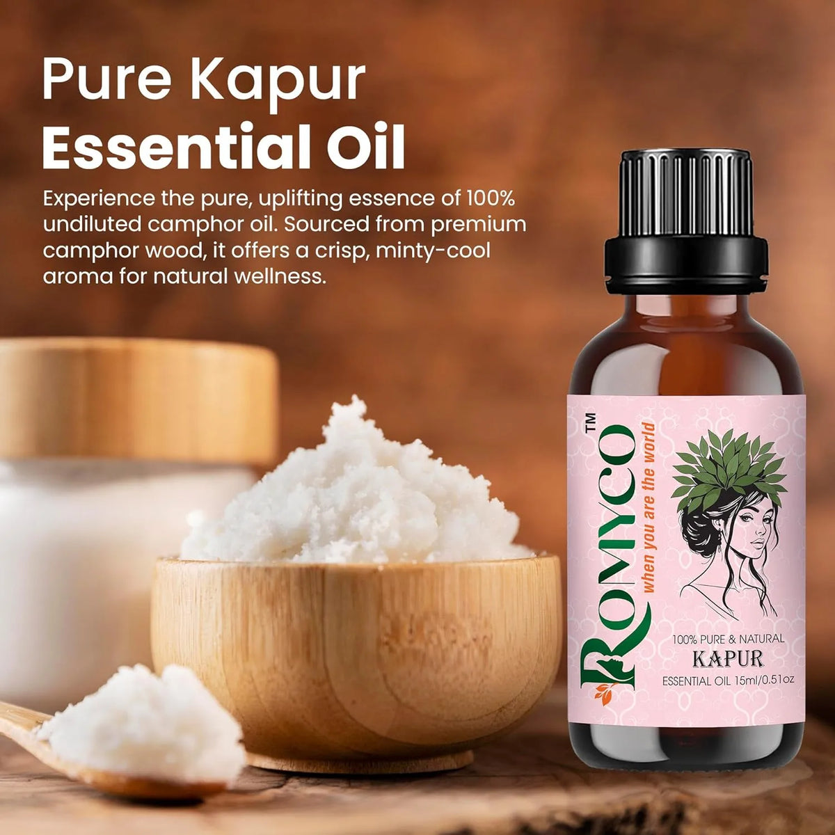 Romyco Kapur Essential Oil (Camphor) for Respiratory Relief Cough & Cold, Muscle Relaxation Pain Relief | Natural Air Freshener | Aromatherapy Diffuser | Pure Natural Premium Undiluted