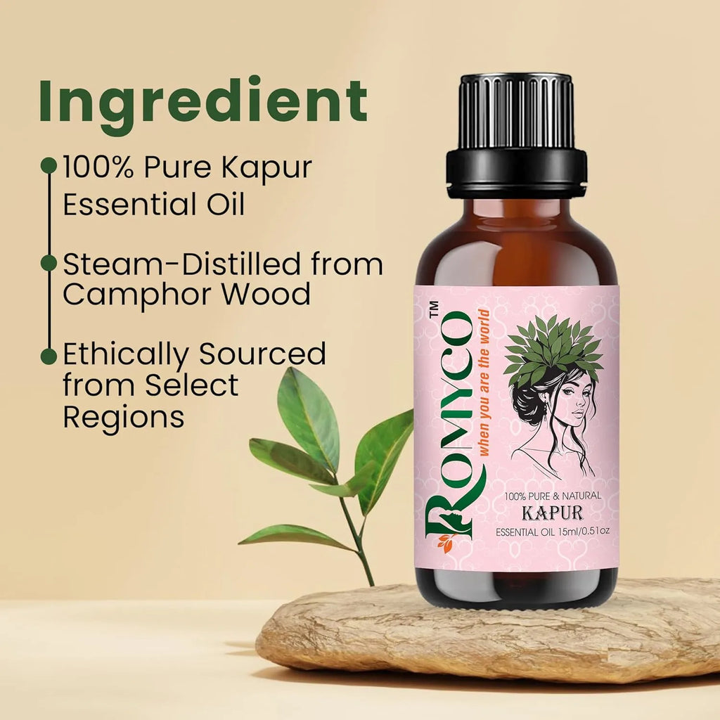 Romyco Kapur Essential Oil (Camphor) for Respiratory Relief Cough & Cold, Muscle Relaxation Pain Relief | Natural Air Freshener | Aromatherapy Diffuser | Pure Natural Premium Undiluted