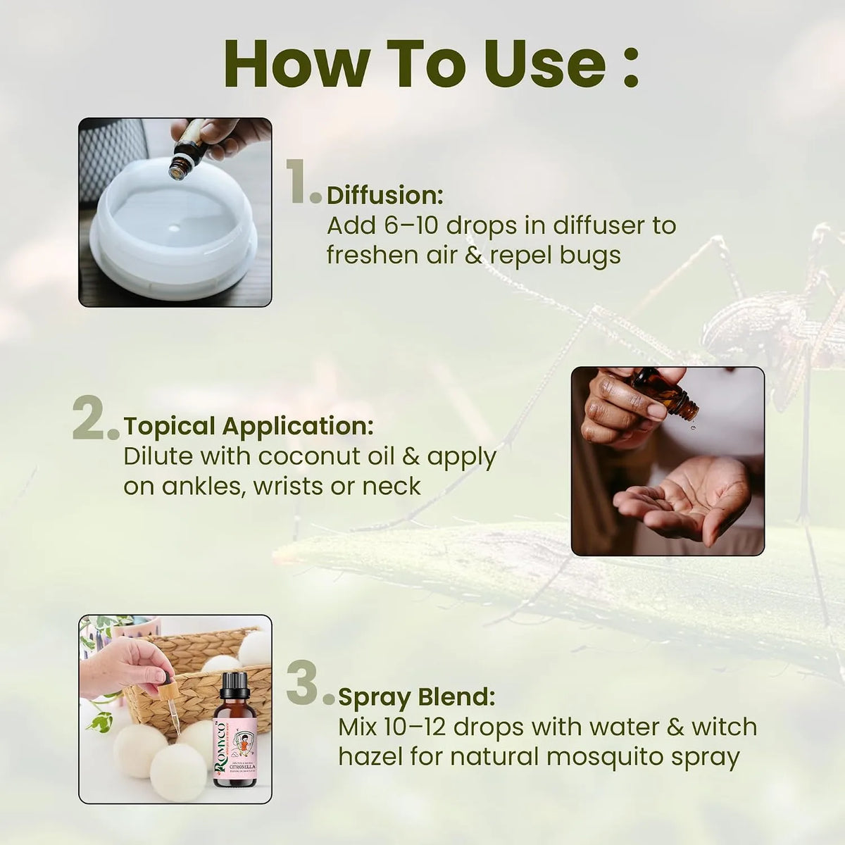 Romyco Citronella Essential Oil | Natural Insect & Mosquito Repellent Oil | Therapeutic Grade Pure Natural Undiluted | Aromatherapy Diffuser