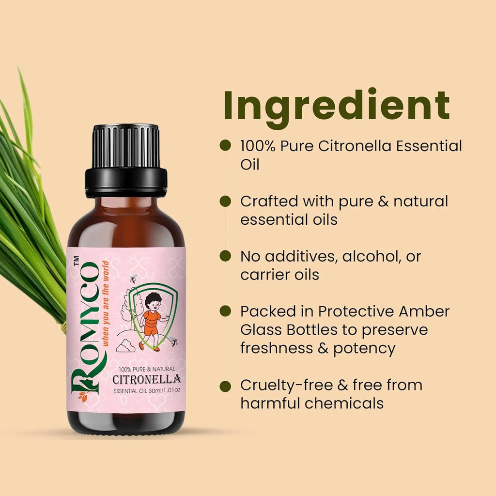 Romyco Citronella Essential Oil | Natural Insect & Mosquito Repellent Oil | Therapeutic Grade Pure Natural Undiluted | Aromatherapy Diffuser