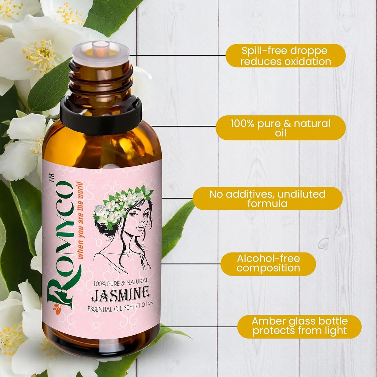 Romyco Jasmine Essential Oil (Chameli Essential Oil) for Relaxation Massage | Skin Care Hair Care | Wellness Rituals Puja Soap Making | Use In Diffuser | Pure Premium Natural Undiluted