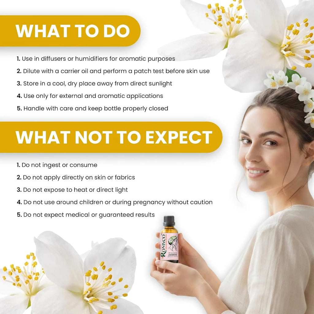 Romyco Jasmine Essential Oil (Chameli Essential Oil) for Relaxation Massage | Skin Care Hair Care | Wellness Rituals Puja Soap Making | Use In Diffuser | Pure Premium Natural Undiluted
