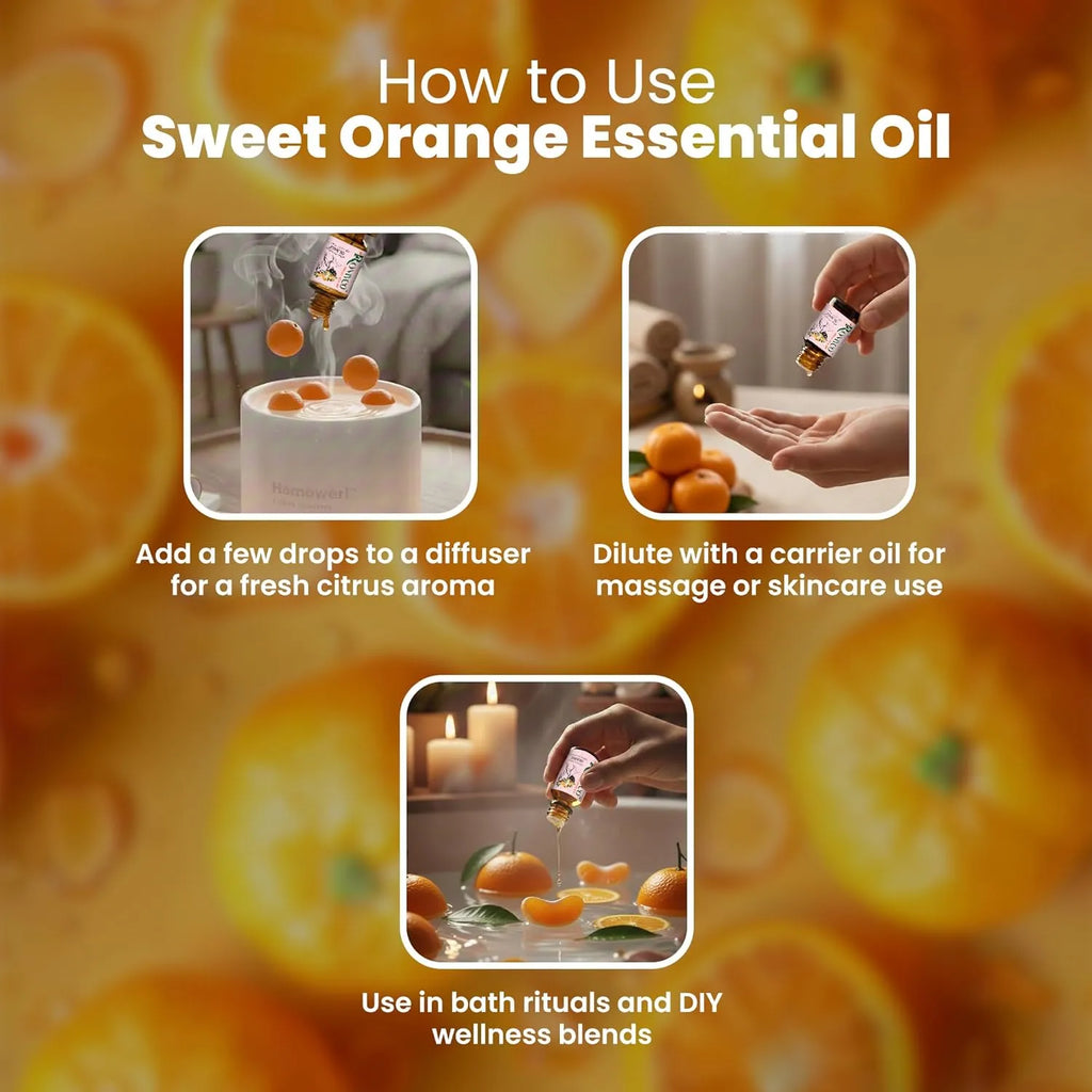 Romyco Sweet Orange Essential Oil for Skin Care, Mood Uplift | Fresh Citrus Aroma | Aromatherapy, Use in Diffuser | Pure, Natural & Undiluted
