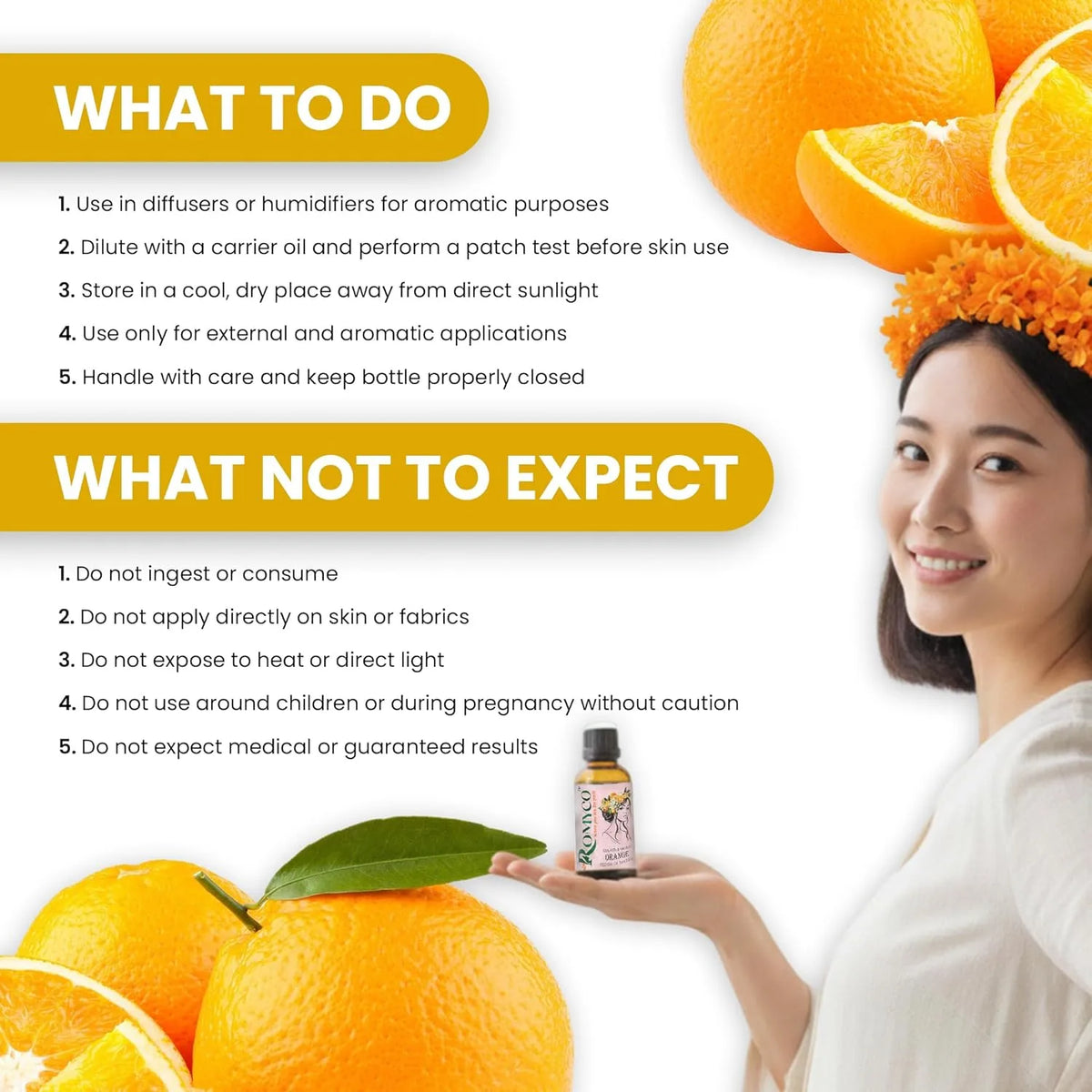 Romyco Sweet Orange Essential Oil for Skin Care, Mood Uplift | Fresh Citrus Aroma | Aromatherapy, Use in Diffuser | Pure, Natural & Undiluted
