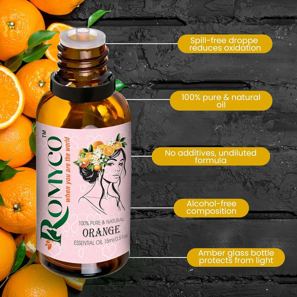 Romyco Sweet Orange Essential Oil for Skin Care, Mood Uplift | Fresh Citrus Aroma | Aromatherapy, Use in Diffuser | Pure, Natural & Undiluted