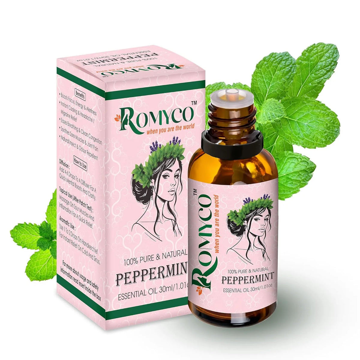 Romyco Peppermint Essential Oil for Hair Skin Care | Natural Cooling & Soothing Aroma | Focus & Mental Clarity | Use in Diffuser | Pure Premium Natural Undiluted