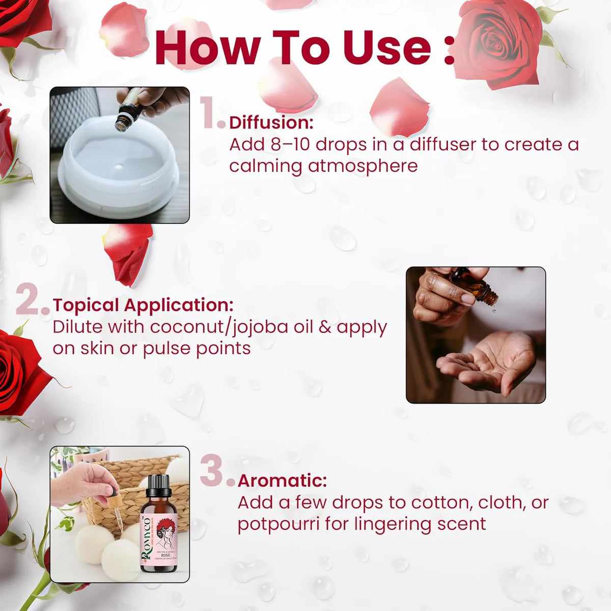 Romyco Rose Essential Oil (Gulab) for Romance, Luxury | Hydrated Skin Care | Natural Perfume & Meditation | Aromatherapy & Diffuser Oil | Men & Women | Pure Natural Organic & Undiluted