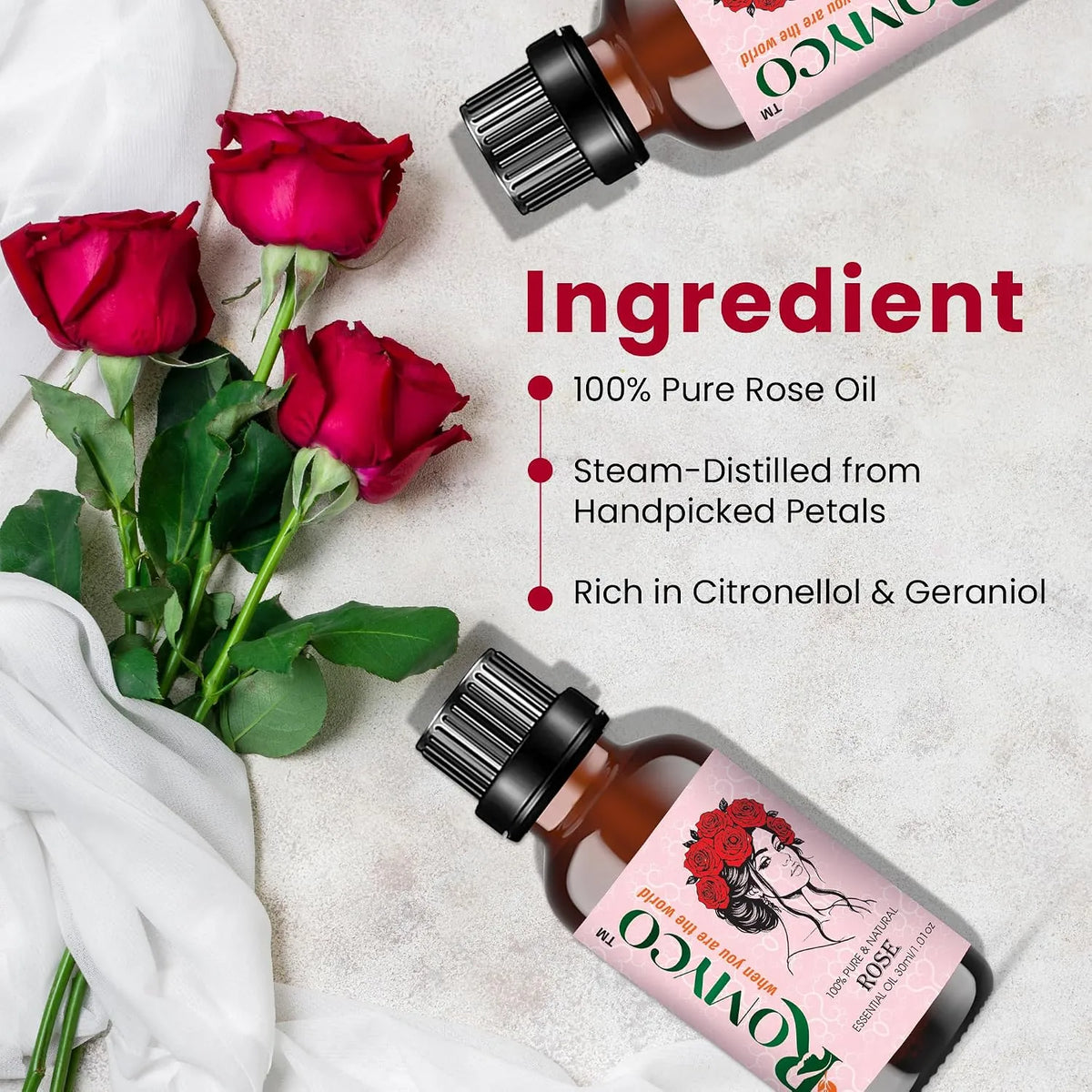 Romyco Rose Essential Oil (Gulab) for Romance, Luxury | Hydrated Skin Care | Natural Perfume & Meditation | Aromatherapy & Diffuser Oil | Men & Women | Pure Natural Organic & Undiluted