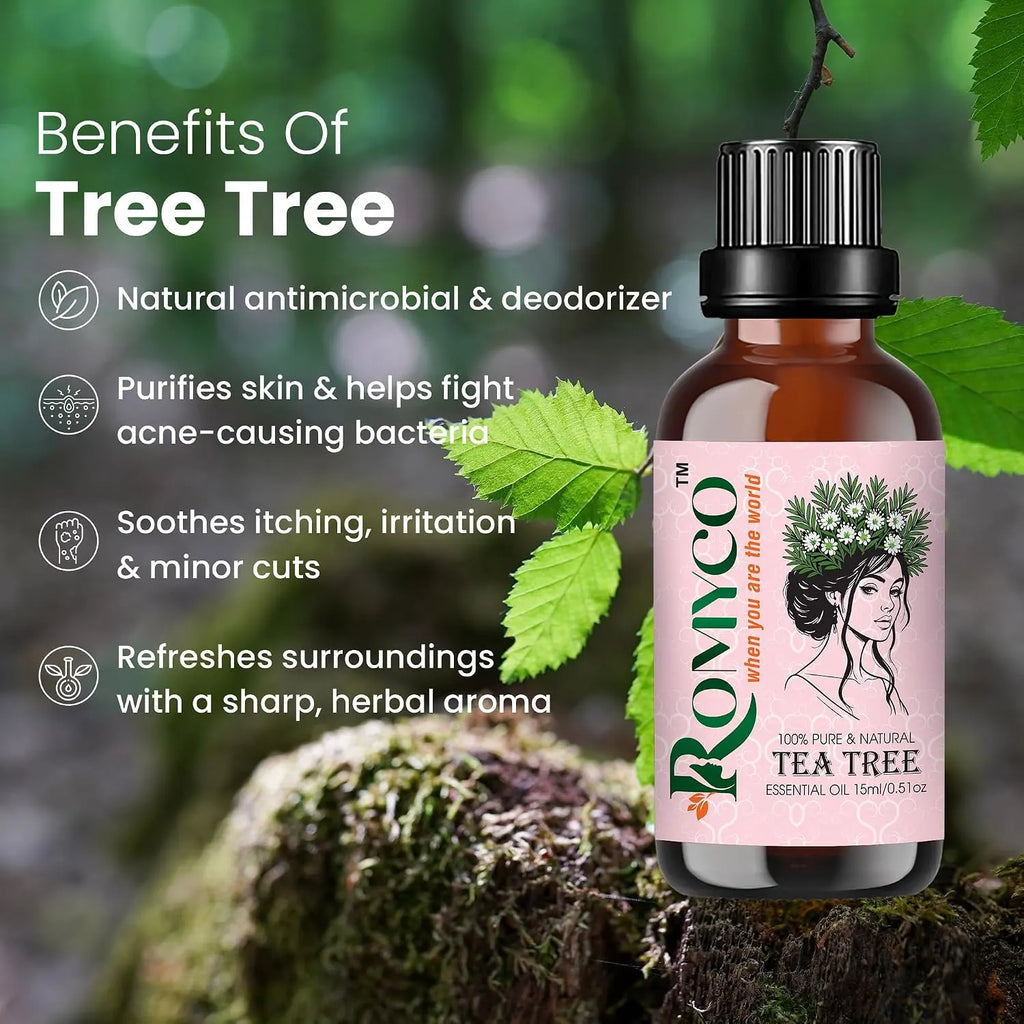 Romyco Tea Tree Essential Oil | Acne, Skin Care & Itchy Scalp Relief | Antibacterial | Diffuser & Aromatherapy | Pure Premium & Undiluted