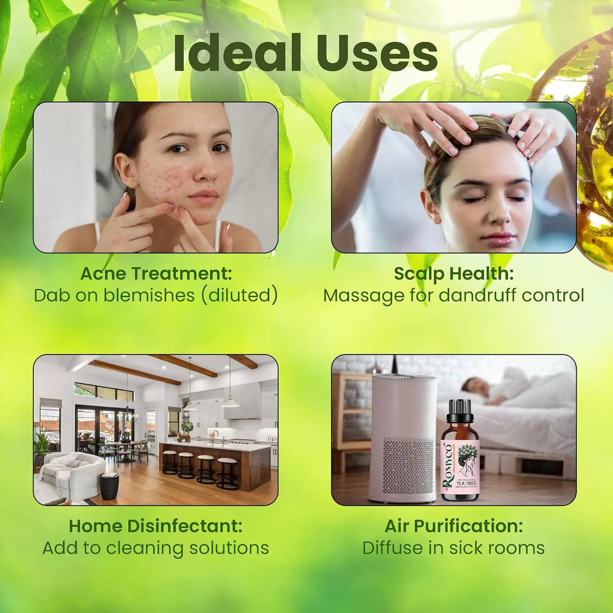 Romyco Tea Tree Essential Oil | Acne, Skin Care & Itchy Scalp Relief | Antibacterial | Diffuser & Aromatherapy | Pure Premium & Undiluted