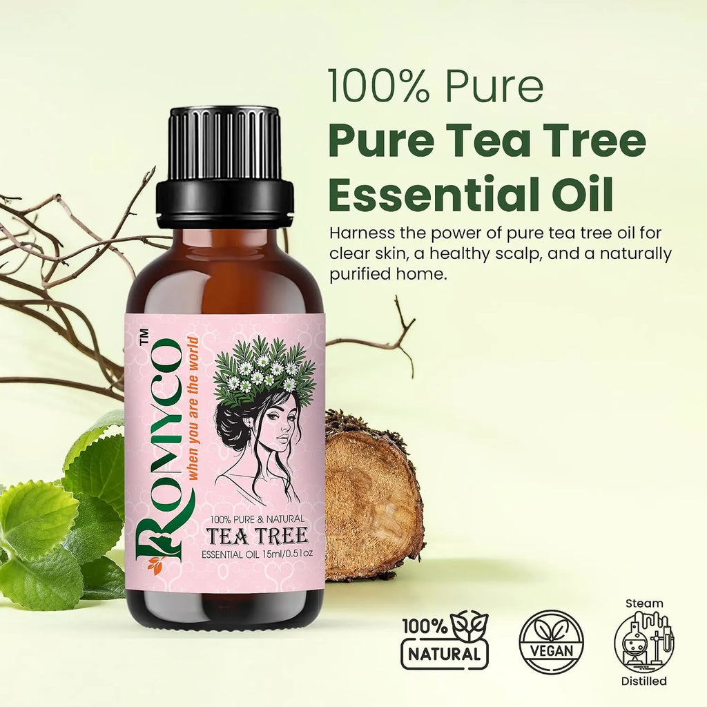 Romyco Tea Tree Essential Oil | Acne, Skin Care & Itchy Scalp Relief | Antibacterial | Diffuser & Aromatherapy | Pure Premium & Undiluted