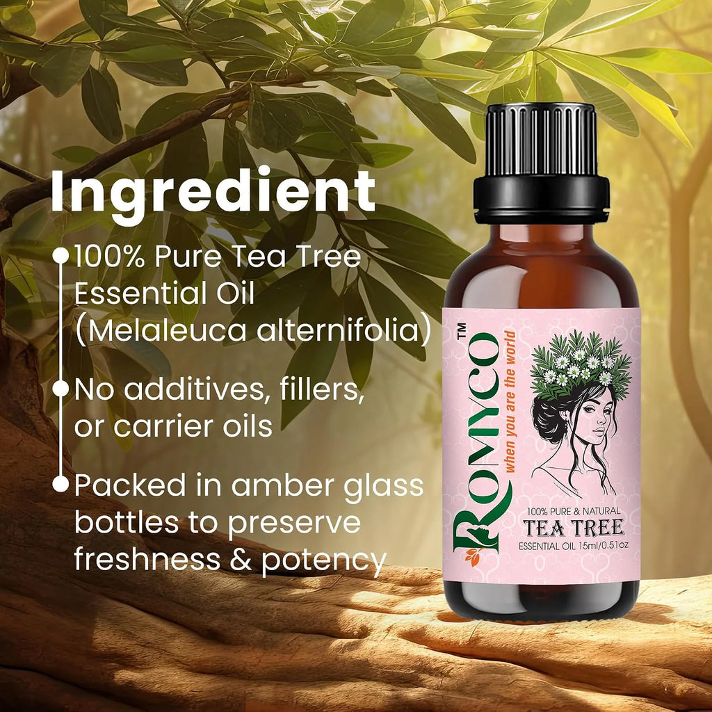 Romyco Tea Tree Essential Oil | Acne, Skin Care & Itchy Scalp Relief | Antibacterial | Diffuser & Aromatherapy | Pure Premium & Undiluted