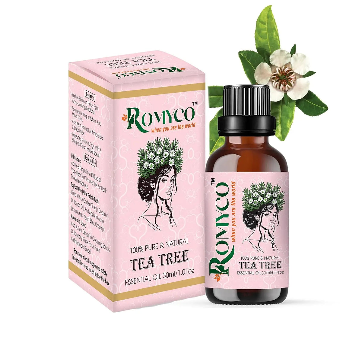 Romyco Tea Tree Essential Oil | Acne, Skin Care & Itchy Scalp Relief | Antibacterial | Diffuser & Aromatherapy | Pure Premium & Undiluted