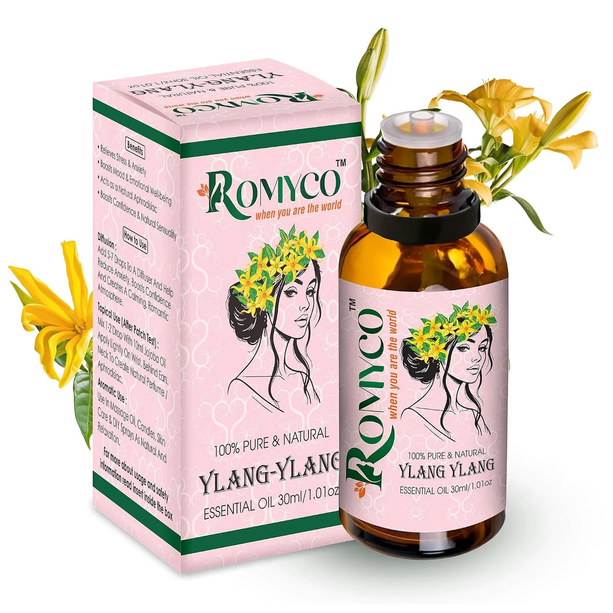 Romyco Ylang Ylang Essential Oil for Strong Hair Roots & SkinCare, glowing | Emotional Balance Intimacy & Luxury Exotic Floral Aroma | Use In Diffuser | Pure Premium Natural Undliluted