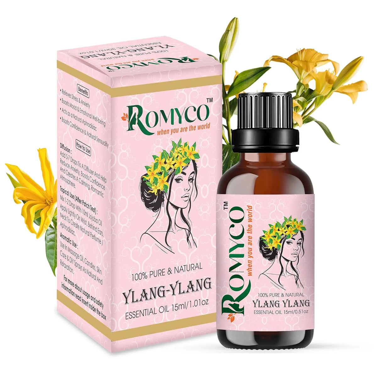 Romyco Ylang Ylang Essential Oil for Strong Hair Roots & SkinCare, glowing | Emotional Balance Intimacy & Luxury Exotic Floral Aroma | Use In Diffuser | Pure Premium Natural Undliluted
