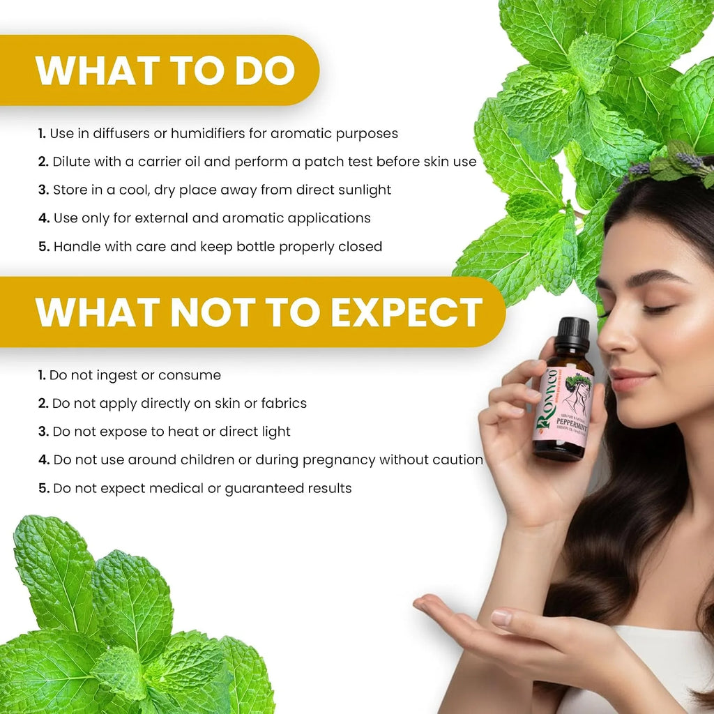 Romyco Peppermint Essential Oil for Hair Skin Care | Natural Cooling & Soothing Aroma | Focus & Mental Clarity | Use in Diffuser | Pure Premium Natural Undiluted