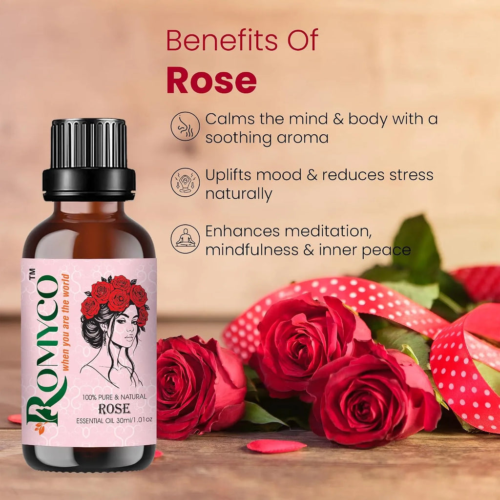Romyco Rose Essential Oil (Gulab) for Romance, Luxury | Hydrated Skin Care | Natural Perfume & Meditation | Aromatherapy & Diffuser Oil | Men & Women | Pure Natural Organic & Undiluted