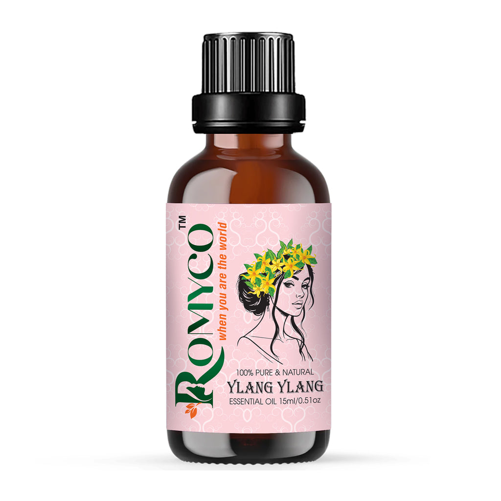 Romyco Ylang Ylang Essential Oil for Strong Hair Roots & SkinCare, glowing | Emotional Balance Intimacy & Luxury Exotic Floral Aroma | Use In Diffuser | Pure Premium Natural Undliluted
